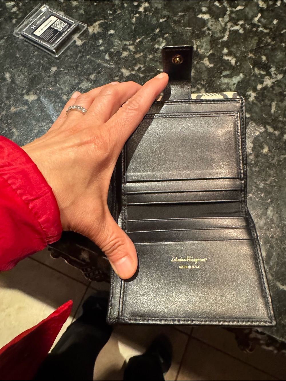 Salvatore Ferragamo Beige Monogram wallet with  Black Trim and Gold Hardware - Picture 6 of 9